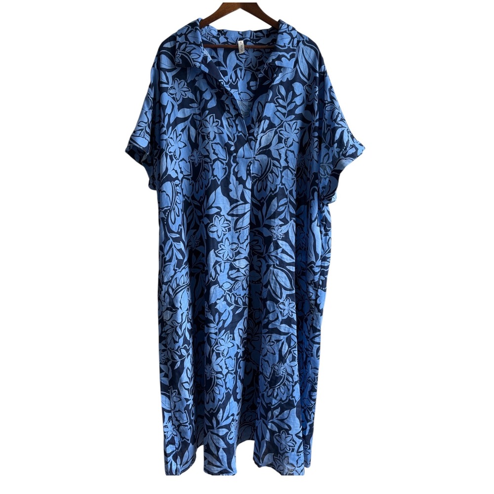 Belle Asle Blue Floral Organic Linen Midi Caftan Dress Short Sleeve Pocket - Picture 8 of 16